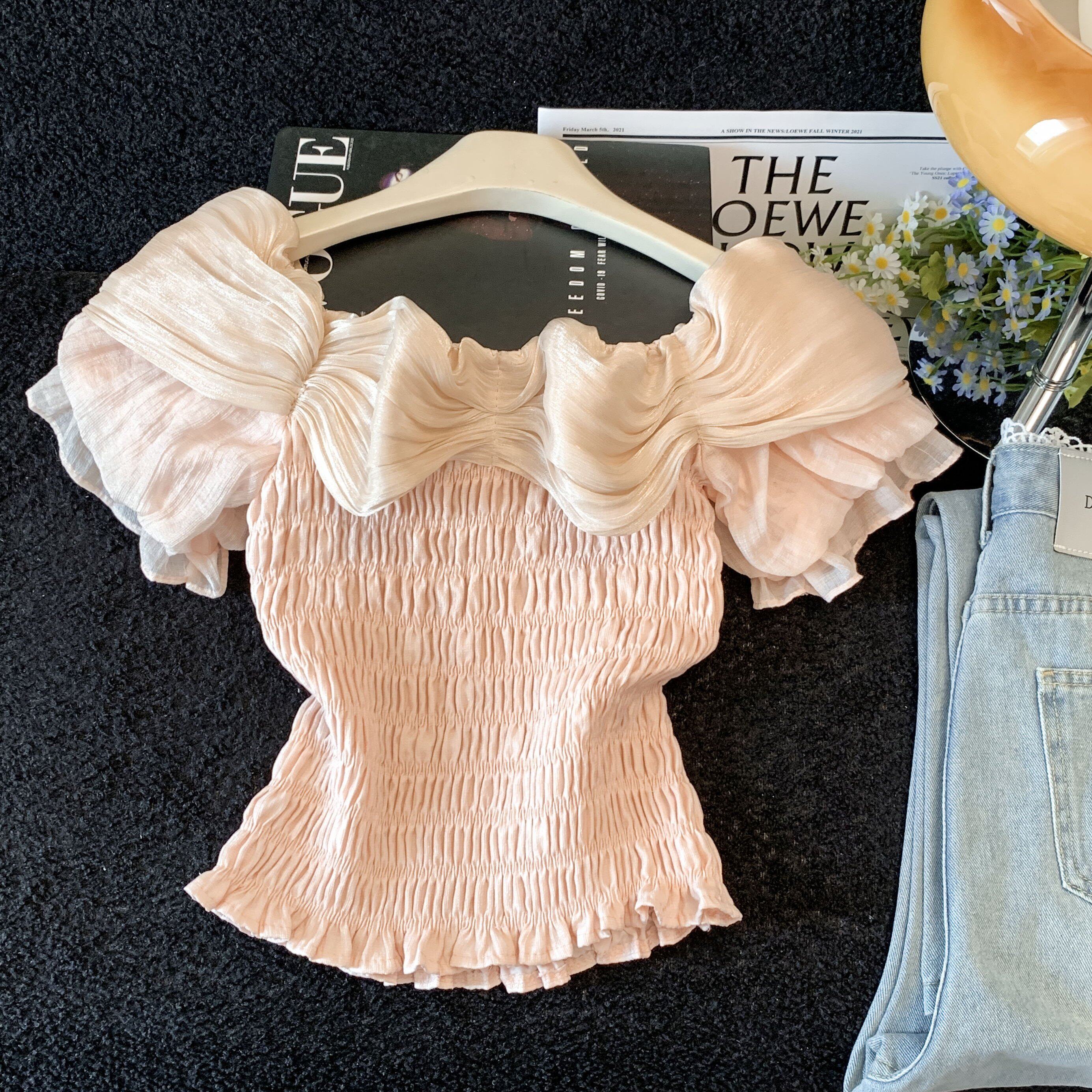 一字肩荷叶边雪纺衬衫女夏季纯欲法式露肩上衣独特绝美衬衣