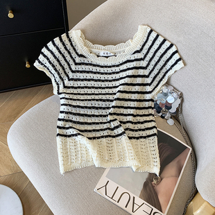 新款 2026夏季 大货 女 条纹短袖 上衣T恤镂空冰丝针织衫 ins韩版 实拍