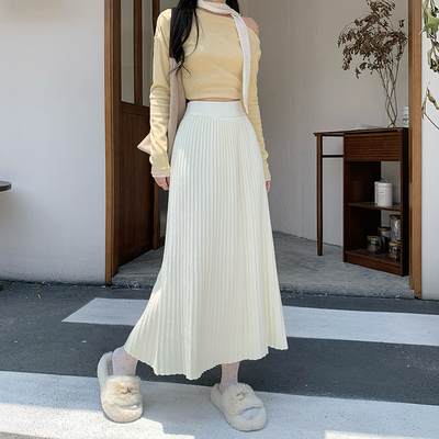 实拍～百褶针织半身裙2025秋冬新款高腰小个子a字大摆直筒伞裙