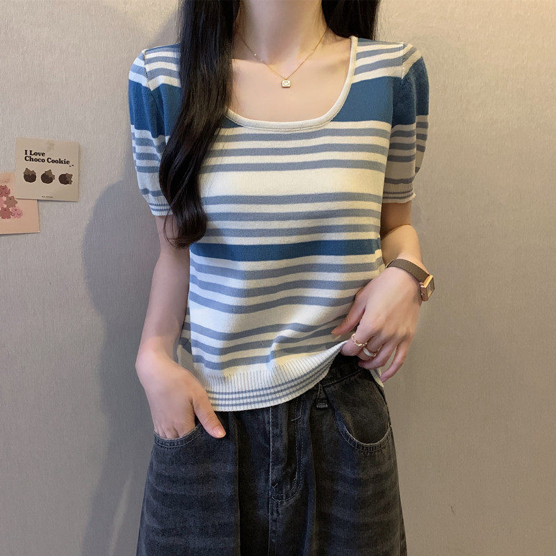 实拍 大码女装夏装2026年新款胖妹妹显瘦条纹宽松套头上衣短袖T恤