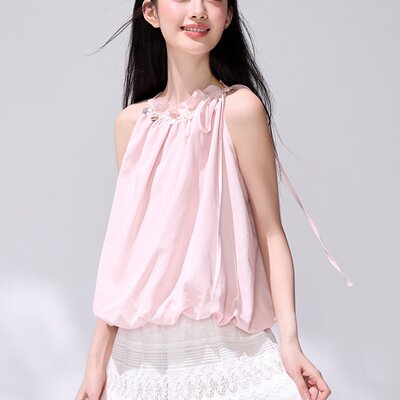 已出货2026新款夏日海边穿搭粉色挂脖上衣甜美少女感无袖露肩小衫