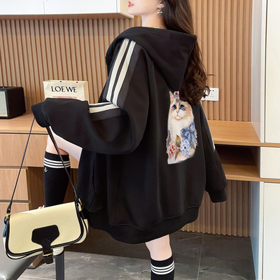 实拍 纯棉华棉复牛奶丝克 2025秋季中长款连帽卫衣外套女