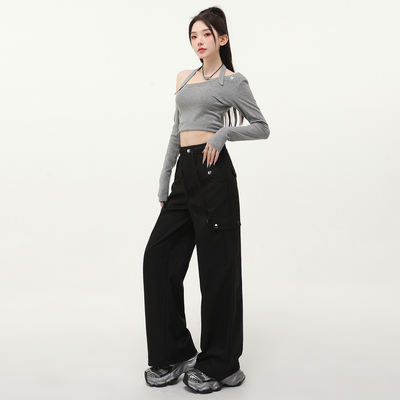 实拍高级感杏色工装裤女厚款秋冬新品酷飒风超火休闲直筒裤潮