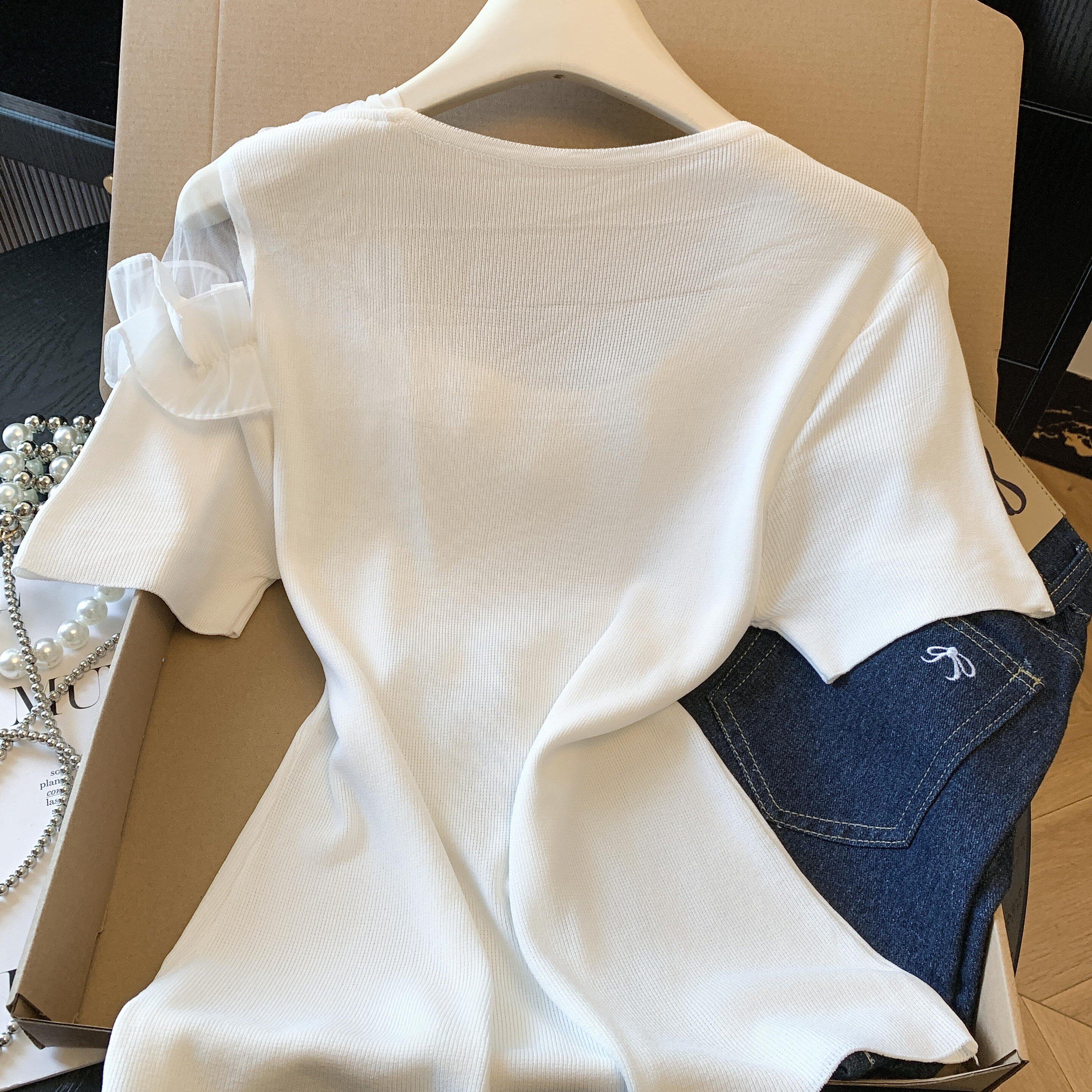 实拍2026夏季新款冰丝T恤网纱拼接针织衫荷叶边斜领花边上衣