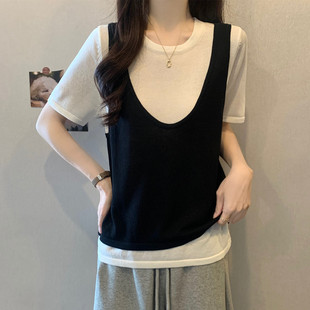 女装 实拍 胖妹妹夏装 大码 T恤显瘦宽松冰丝上衣减龄 假两件正肩短袖