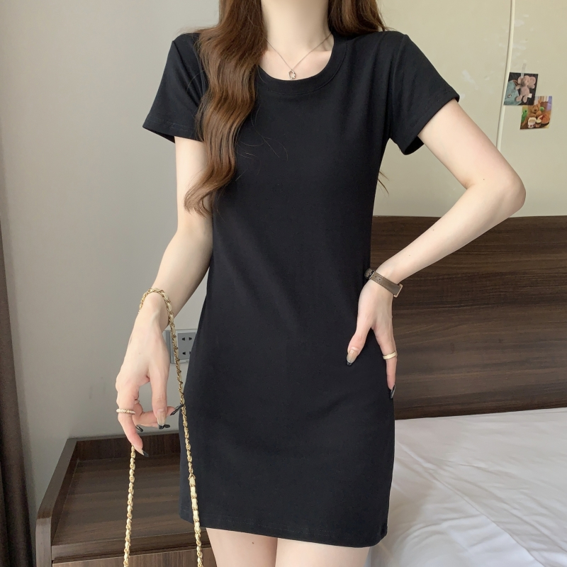 实拍纯棉连衣裙女2025年夏季新款圆领小黑裙修身简约百搭T恤裙