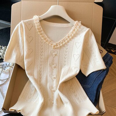 实拍2026夏季新款冰丝短袖针织衫蕾丝木耳边钉珠V领T恤镂空提花