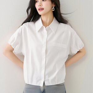 已出货2026夏季白色短袖衬衫女法式设计感小众宽松泡泡袖衬衣上衣