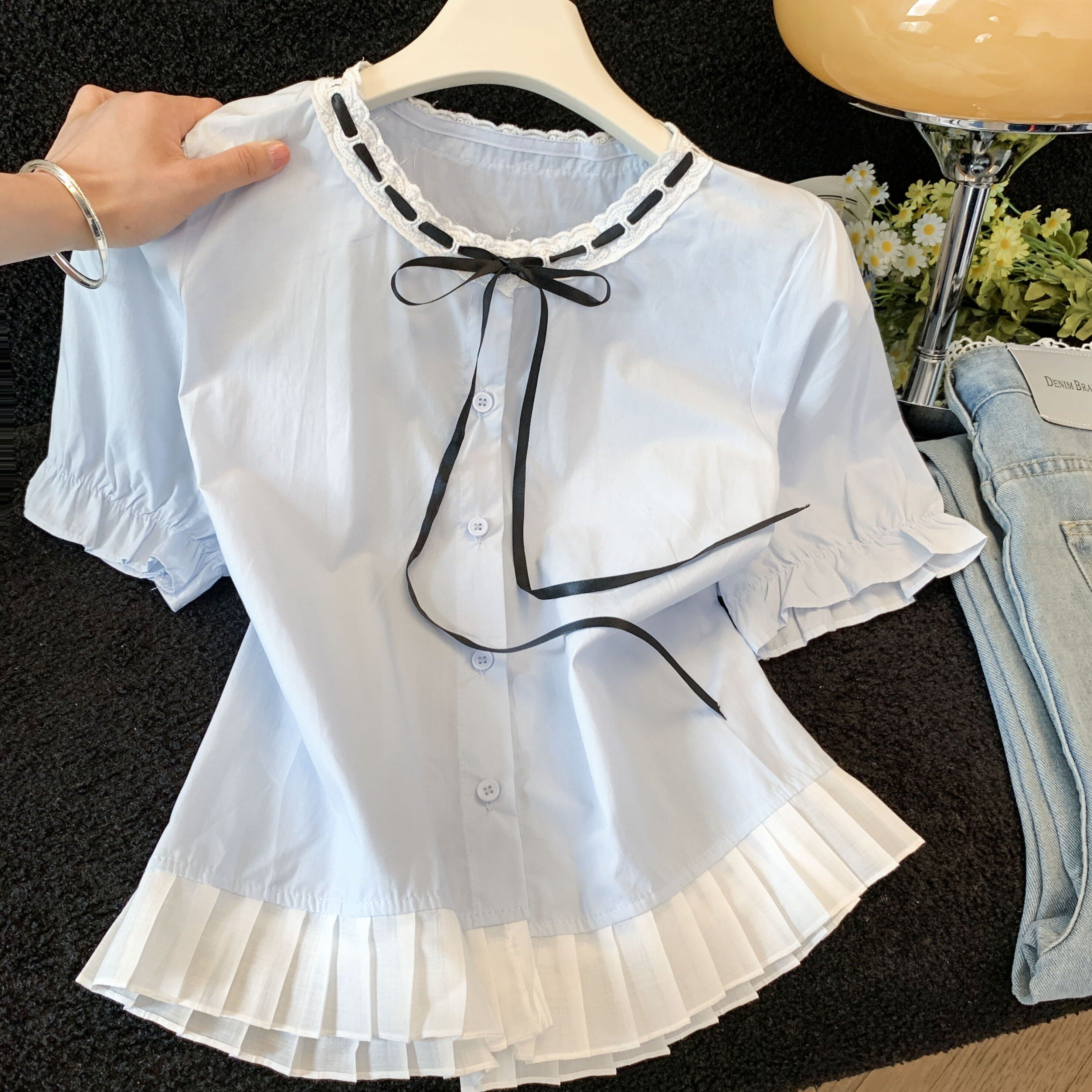 学院风甜美系带花边圆领减龄小衫