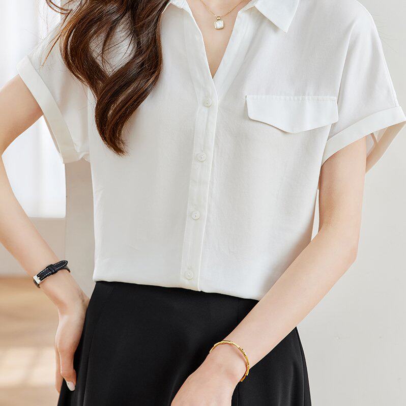 实拍◆有◆2026夏款法式简约小V领衬衫宽松莱赛尔蝙蝠袖上衣