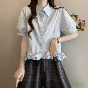 实拍大码女装2026夏新款小众设计感花苞下摆时尚精致显瘦短袖小衫