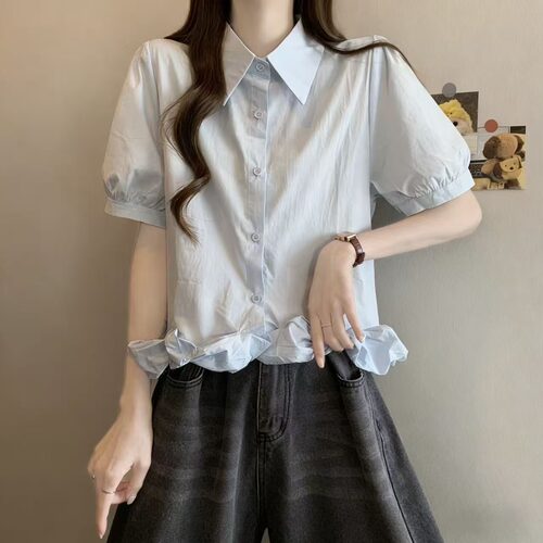 实拍大码女装2026夏新款小众设计感花苞下摆时尚精致显瘦短袖小衫