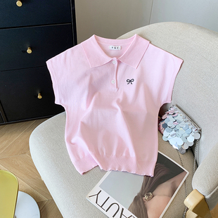 新款 实拍 大货 2026夏季 女 ins设计感别致polo领T恤冰丝上衣针织衫