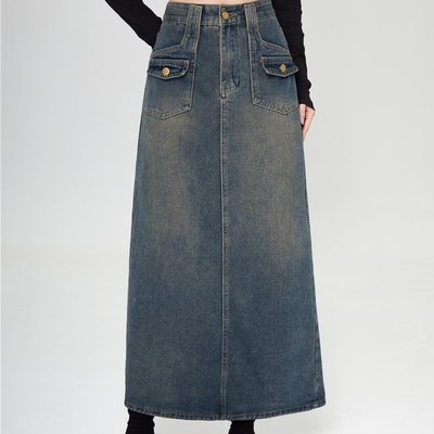 实拍大码女装牛仔半身裙女高腰新款复古直筒宽松a字中长款半裙