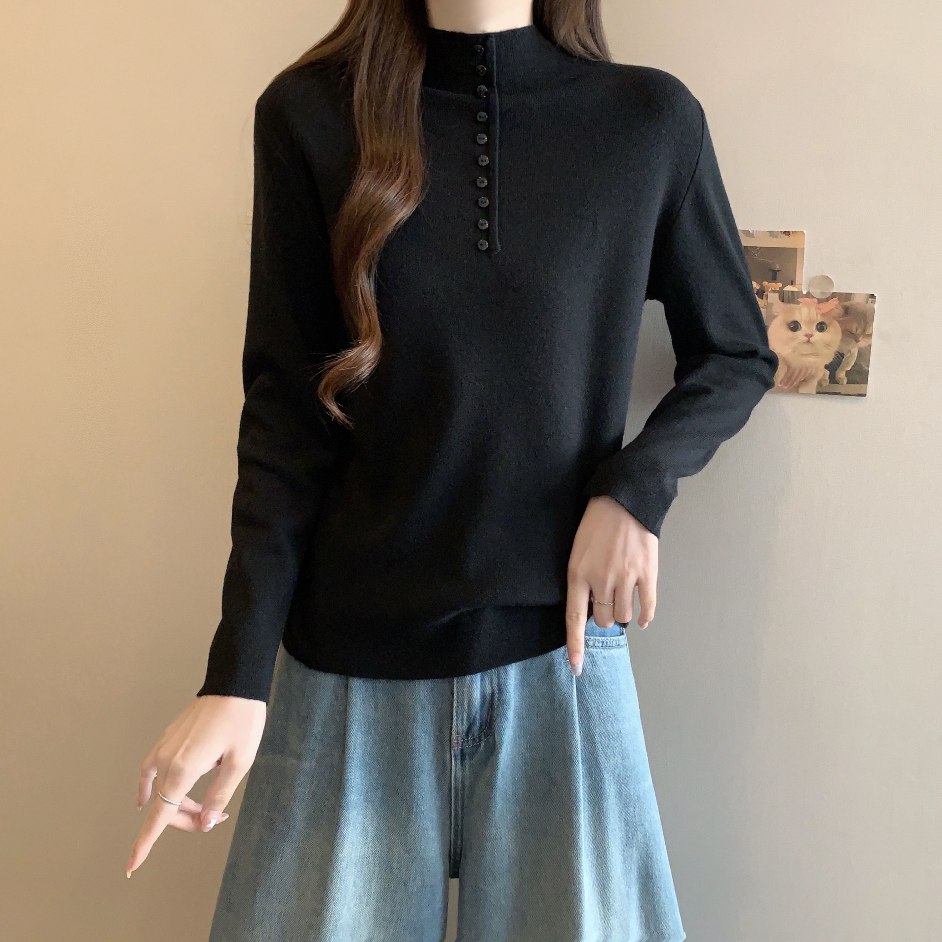 实拍大码秋冬半高领纽扣装饰针织衫女胖MM长袖显瘦百搭打底衫