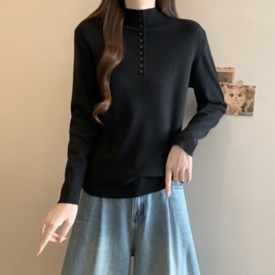 实拍大码秋冬半高领纽扣装饰针织衫女胖MM长袖显瘦百搭打底衫