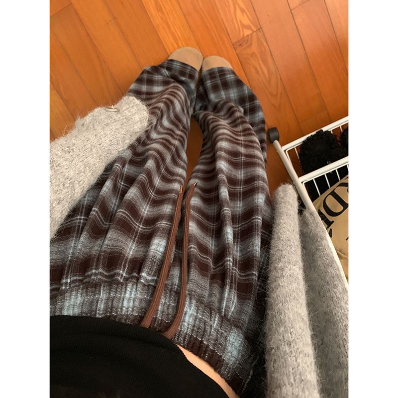 实拍2025秋装梭织格慵懒风复古格子休闲裤女阔腿裤宽松拖地裤子
