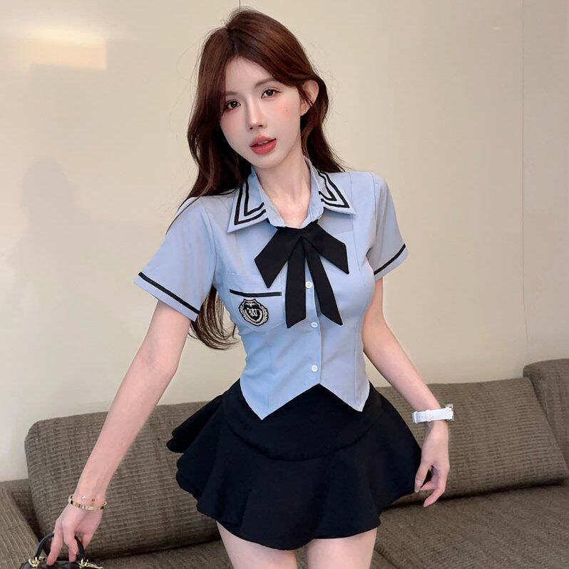 实拍实价 辣妹jk制服套装女纯欲风短款收腰衬衫高腰蓬蓬蛋糕裙裤