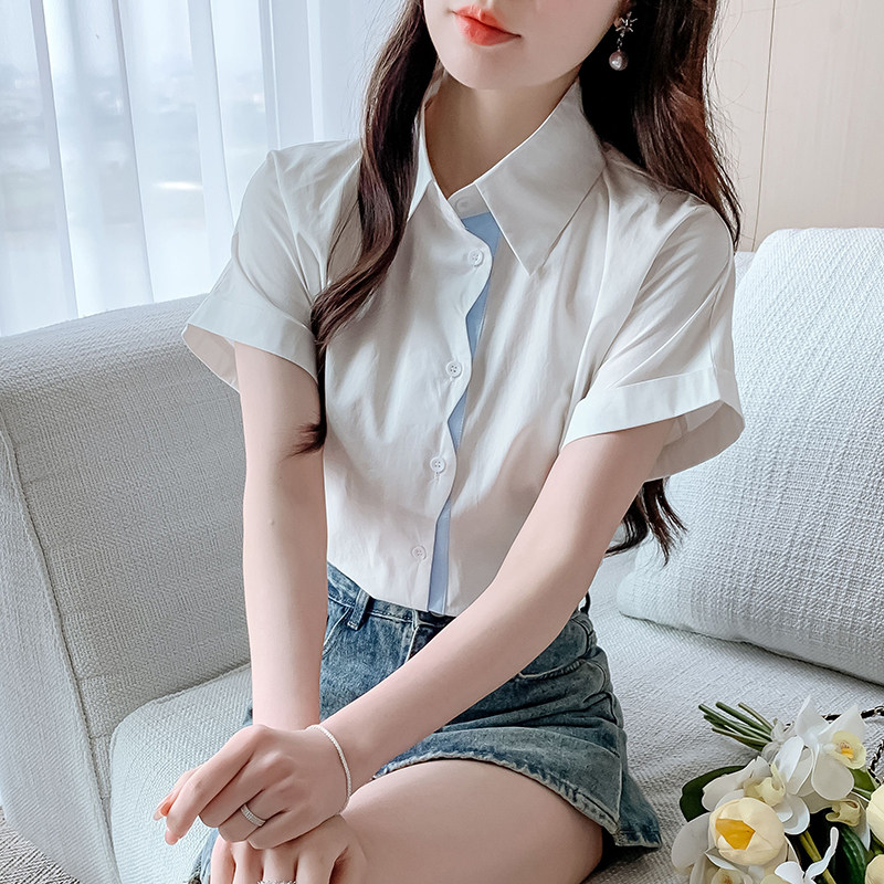 实拍夏季纯棉短袖衬衣女宽松显瘦蝙蝠袖撞色门襟衬衫