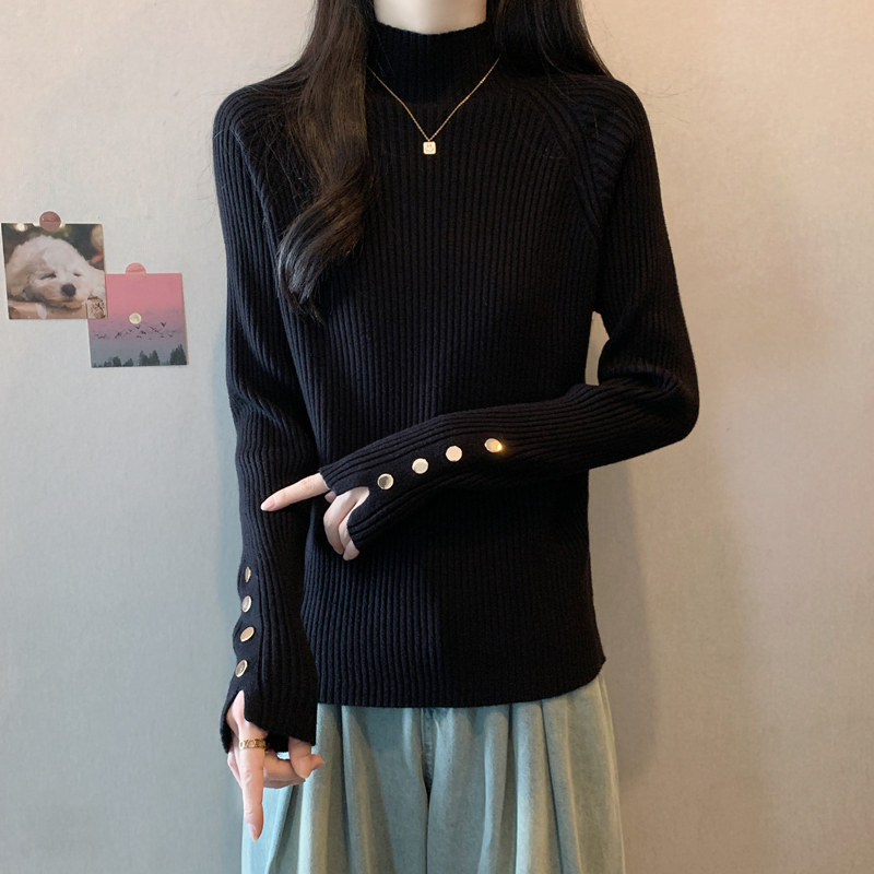 实拍胖mm春装大码女装新款毛衣半高领坑条针织衫显瘦黑色长袖上衣