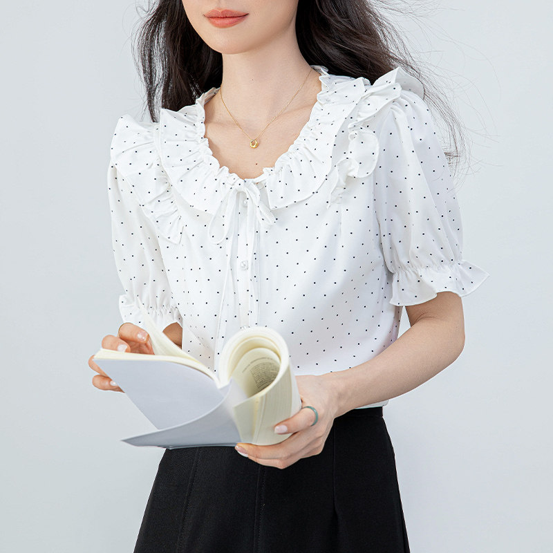 实拍荷叶边娃娃领波点短袖衬衫女2025夏季法式减龄泡泡袖小衫通勤