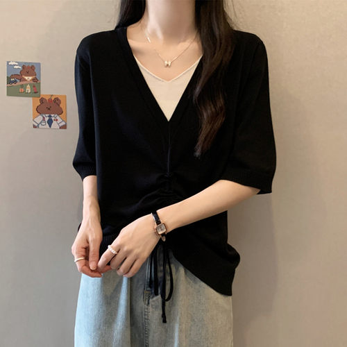 实拍 大码女装2025年新款胖妹妹显瘦短袖T恤假两件抽绳设计上衣潮