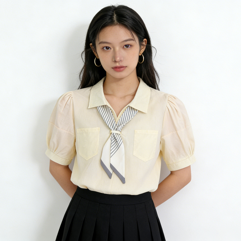 AI图◆ 设计感小众领结短袖衬衫女装小个子法式复古别致上衣