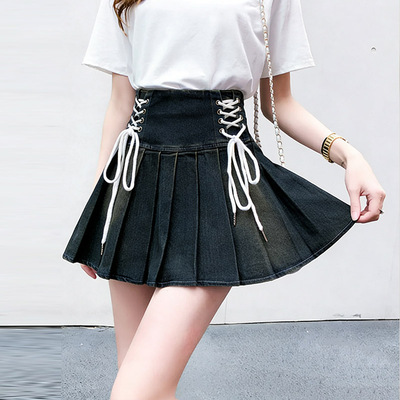 实拍复古双边绑带弹力牛仔半身裙女新款甜辣高腰显瘦A字百褶短裙