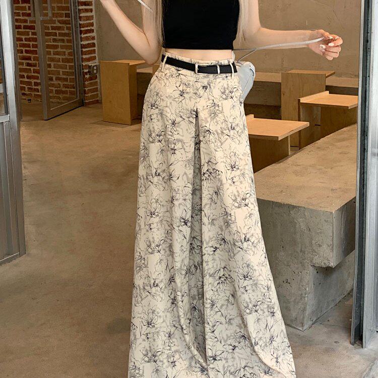 实拍2026新款韩版碎花阔腿裤设计感高腰显瘦拖地裤女有皮带