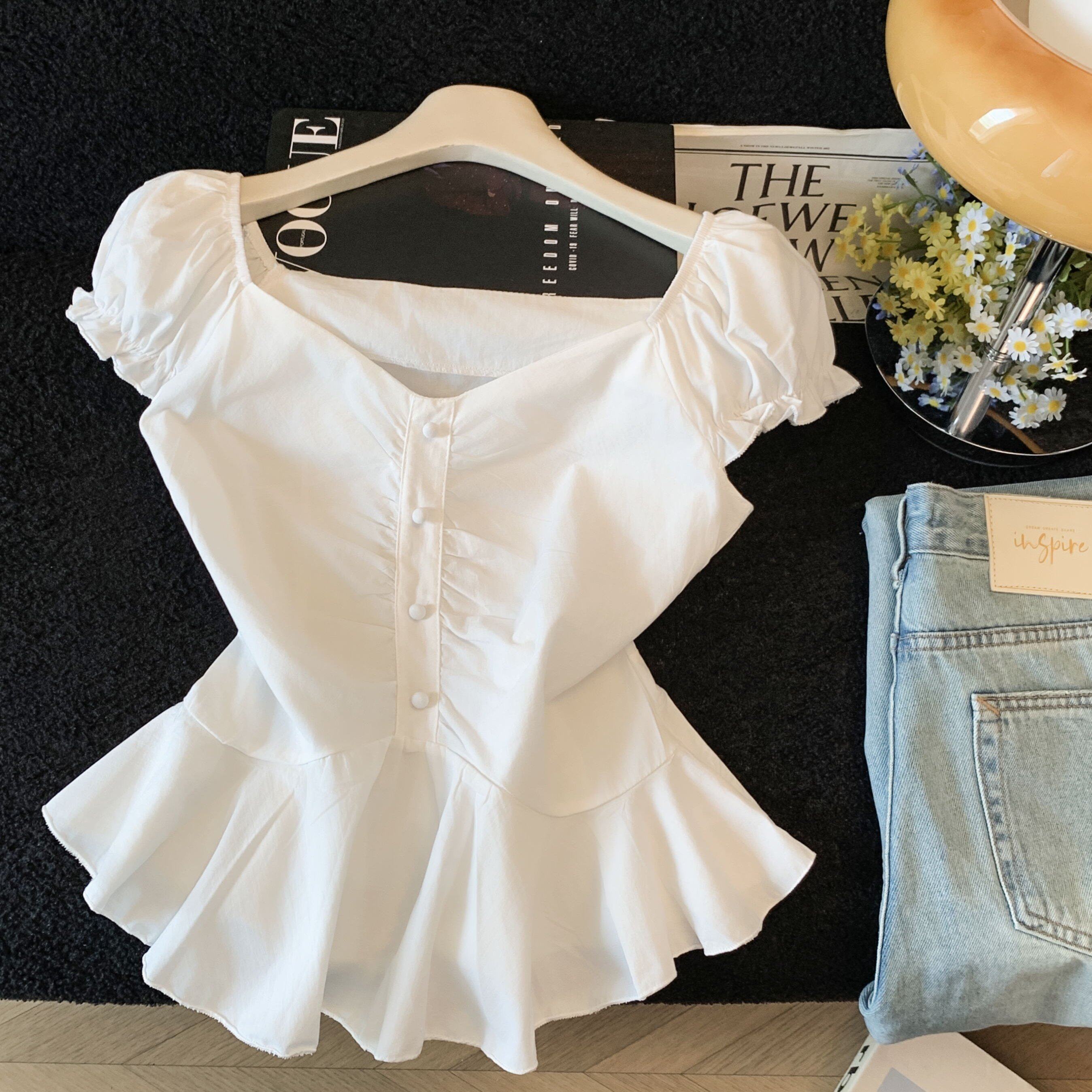 荷叶边下摆一字露肩白衬衫夏季法式修身显瘦上衣