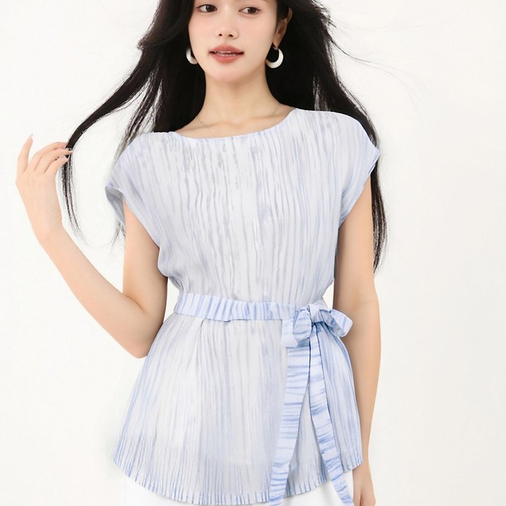 已出货2026夏季法式系带收腰圆领短袖衬衫女小众气质雪纺小衫上衣