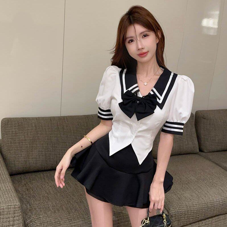 实拍实价 JK学院风套装女网红短袖减龄衬衫+高腰蓬蓬半身短裙裤