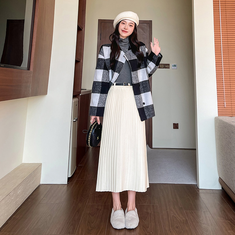 实拍 高级感针织百褶半身裙女秋冬毛线高腰遮跨显瘦A字长裙配腰带