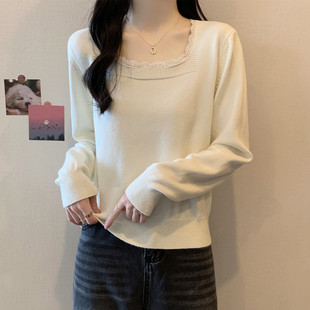 顯瘦寬松韓版 實(shí)拍 洋氣上衣 花邊拼接方領(lǐng)針織衫 女裝 胖mm秋裝 大碼