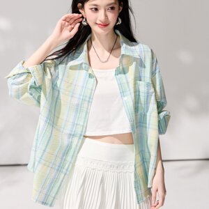 已出货2026夏防晒外套宽松长袖格子衬衫慵懒设计感上衣曼波风开衫