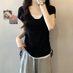 女装 实拍 胖妹妹夏装 大码 T恤显瘦冰丝上衣 假两件抽绳设计感飞飞袖