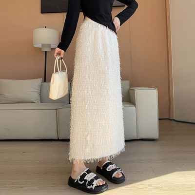 实拍设计感流苏A字半身裙新款高腰显瘦中长款直筒包臀裙子女