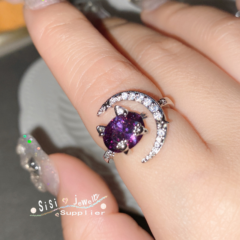 sisi原设可爱小萌虎戒指女神 时尚幽紫爆闪指环6*8mm微镶璀璨锆钻