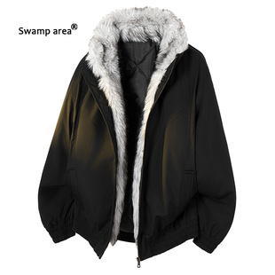 SWAMP AREA美式座山雕连帽毛领外套男士冬季宽松休闲保暖情侣棉服