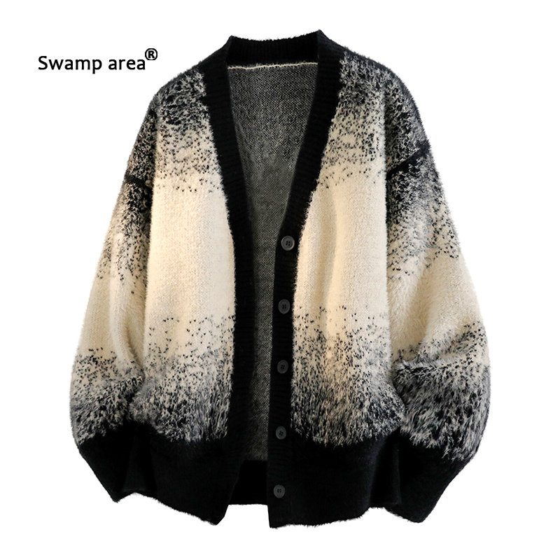 SWAMP AREA美式扎染渐变针织衫男女秋冬新款V领懒惰风开衫毛衣男