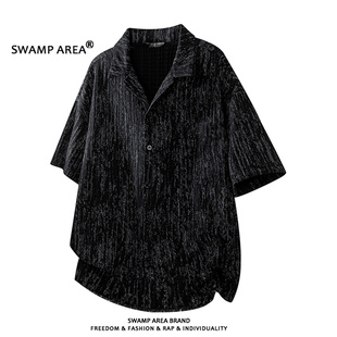 SWAMP AREA短袖衬衫男款夏季新款宽松潮牌条纹上衣休闲翻领衬衣男