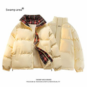 冬季 SWAMP AREA格子拼接羽绒棉服男士 保暖面包服情侣加厚棉服外套