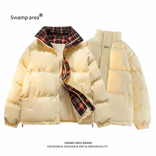 SWAMP AREA格子拼接羽绒棉服男士冬季保暖面包服情侣加厚棉服外套