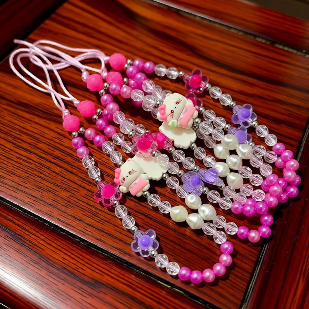 甜美系珠饰花朵手机挂件粉色少女心包包挂绳kitty美乐蒂卡通公仔