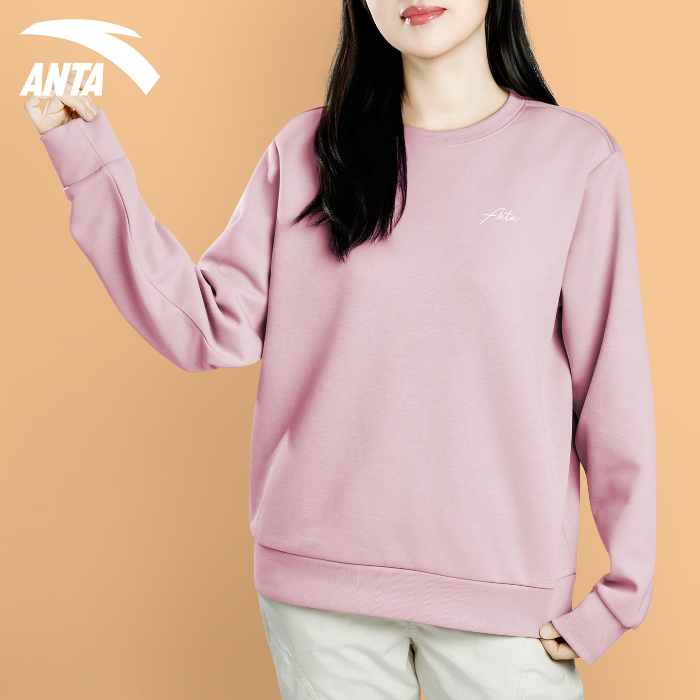 安踏长袖运动卫衣女秋季2026新款时尚百搭休闲打底衫圆领宽松上衣