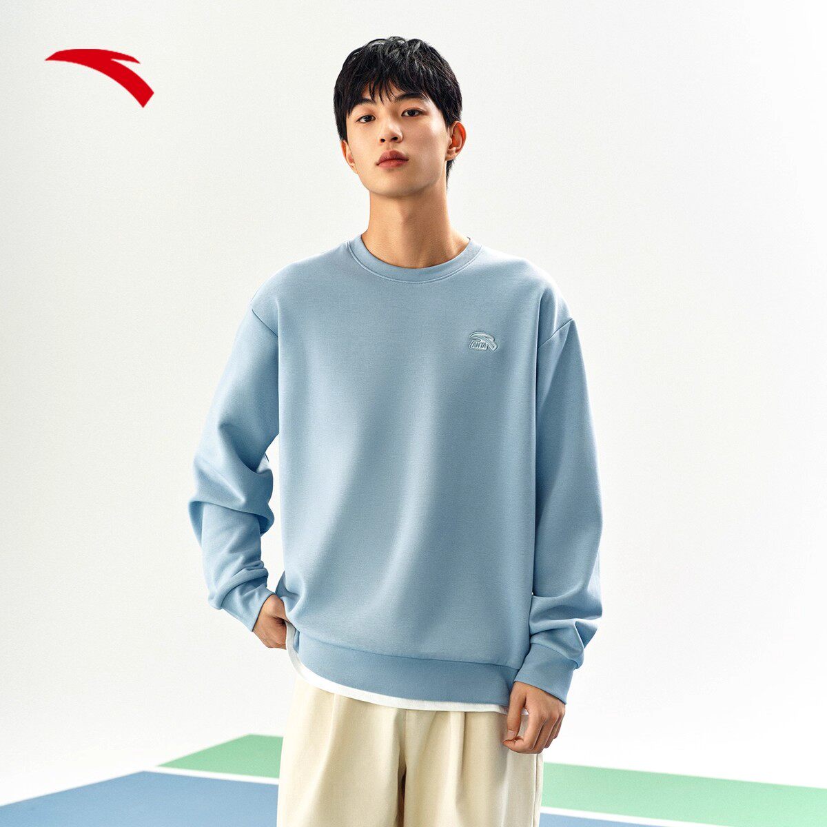 安踏卫衣男2026春季新款黑色圆领休闲长袖t恤宽松大码套头衫薄款