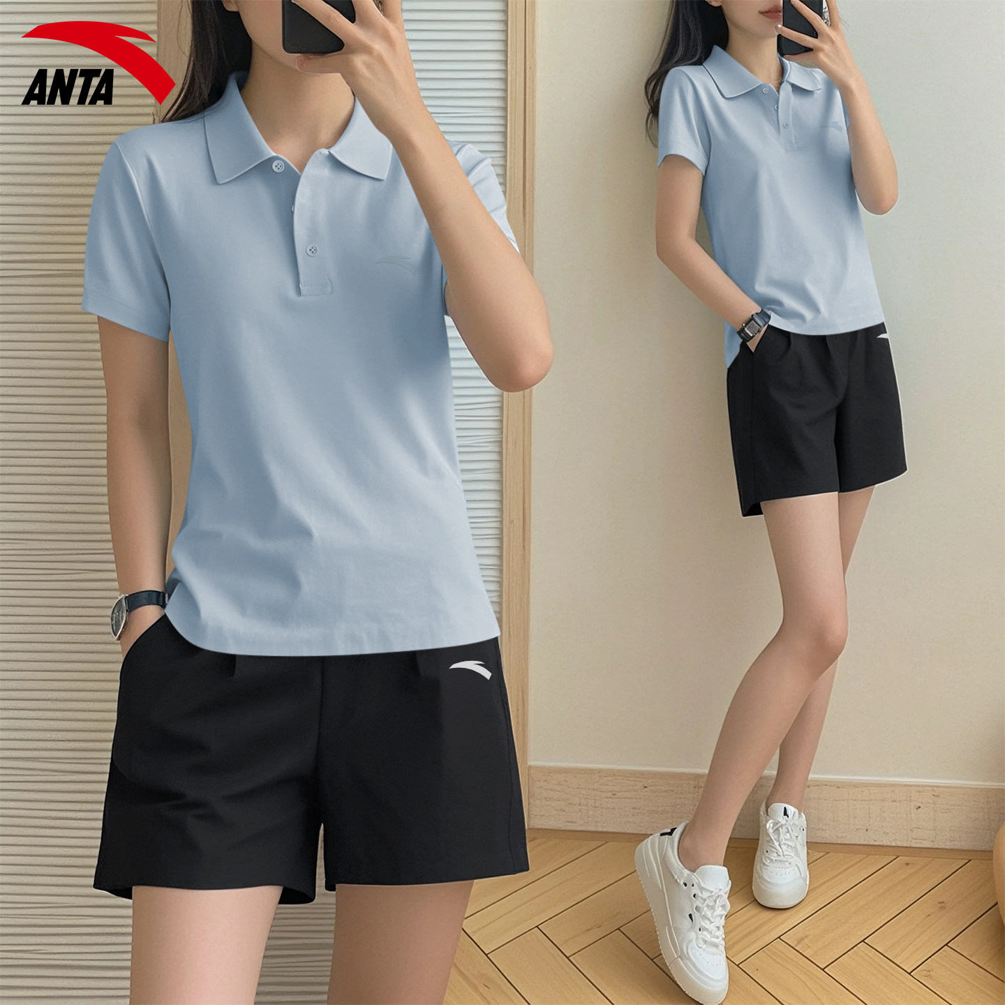 安踏运动套装女POLO衫夏季冰丝短袖T恤短裤速干休闲宽松透气两件