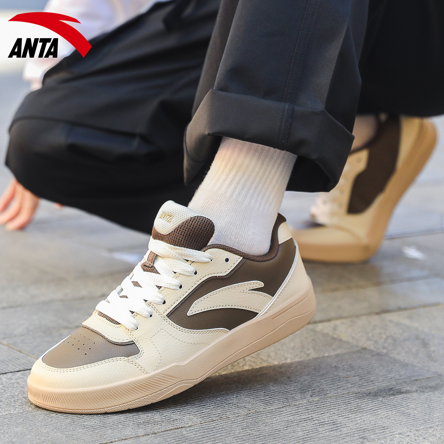 安踏男鞋路冲丨撞色板鞋男款复古休闲鞋子2026新款皮面低帮运动鞋