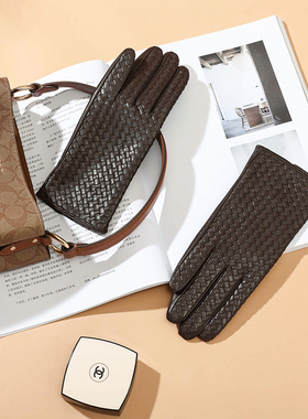 进口编织小山羊皮手套真皮女冬季加绒中长款时尚开车修手触屏纯皮