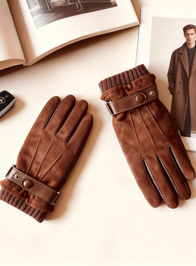 西班牙羊反绒山羊皮真皮手套男触屏冬季加绒保暖骑行开车加厚